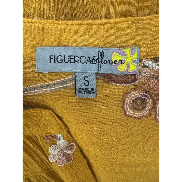 Anthropologie Figuera Flower Gold Floral Embroidered Roll Tab Top Shirt Blouse S - Picture 3 of 10